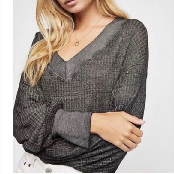 Free People Tops - We the Free South Side Thermal Sweatshirt Waffle Black Festival Boho Burnout